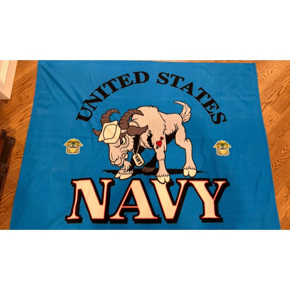Vtg US Navy Academy Fleece Throw Blanket Mascot "Bill The Goat" Blue 60"x48"